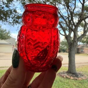 Vintage Christmas Ruby Red Owl Glass: MCM Kitsch Toothpick Holder, Shot Glass